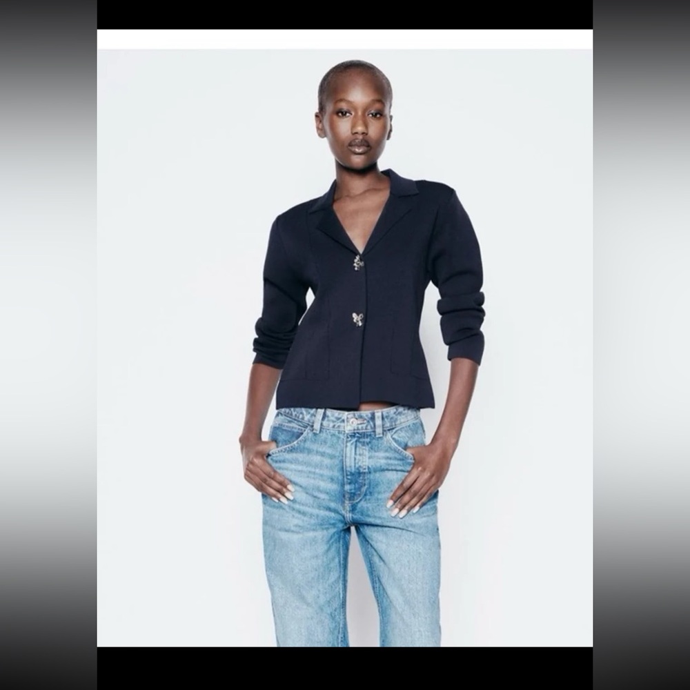 NWT Zara Flower Button Knit Cardigan Blazer Sweater in Navy Blue size Medium - Picture 8 of 12